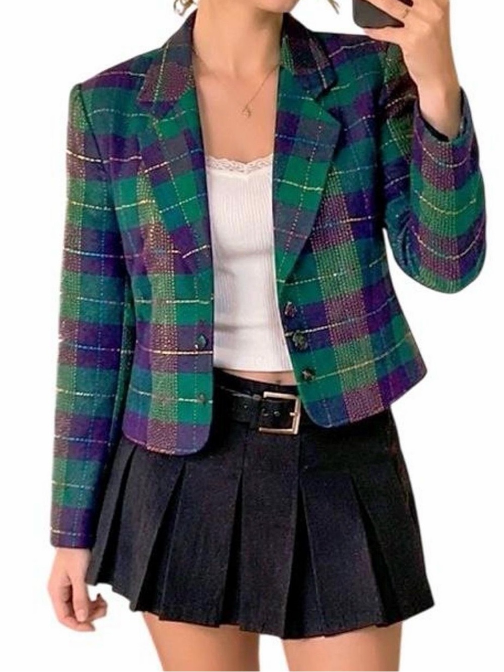Vintage 90s Plaid Cropped‎ Blazer Green Purple Preppy Academia Jacket 14